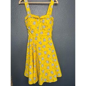 ModCloth x iXiA Yellow Owl Print Fit & Flare Tie Back Zip Dress Size M Retro